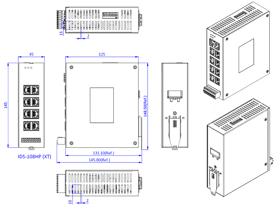 ids-108hp poe (90w) switches - mechanical drawing